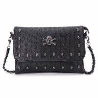 THINKTHENDO Vintage Leather Women Rivet Gothic Skull Bag Female Solid Chain Messenger Crossbody Shoulder Bag Soft Women Black