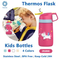 Fjbottle Kids Water Bottle 350ML(12Oz) Thermos Flasks With Free Gift Cute Dinosaur Pattern Vacuum Bottle With Healthy Straw And BPA Free Water Bottle For Kids