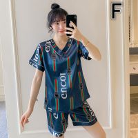 M-5XL Plus Size 2pcs Women Sleepwear Ice Silk Pajamas Sets Cute Cartoon Pullover Short Sleeve Nightwear