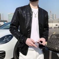 2022 Spring New Sequined Bomber Jacket Men Long Sleeve Glitter Zipper Thin Coat Hip Hop Loose Night Club Stage Streetwear Coats