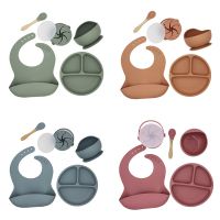 ℜ-ℜ 5 Pcs Baby Bibs Drooling Burp Aprons+Suction Dish Bowl+Sucker Dinner Plate+Spoon+Cup Set Waterproof Food Grade Silicone Newborn Infants Learning Feeding Tableware Kit