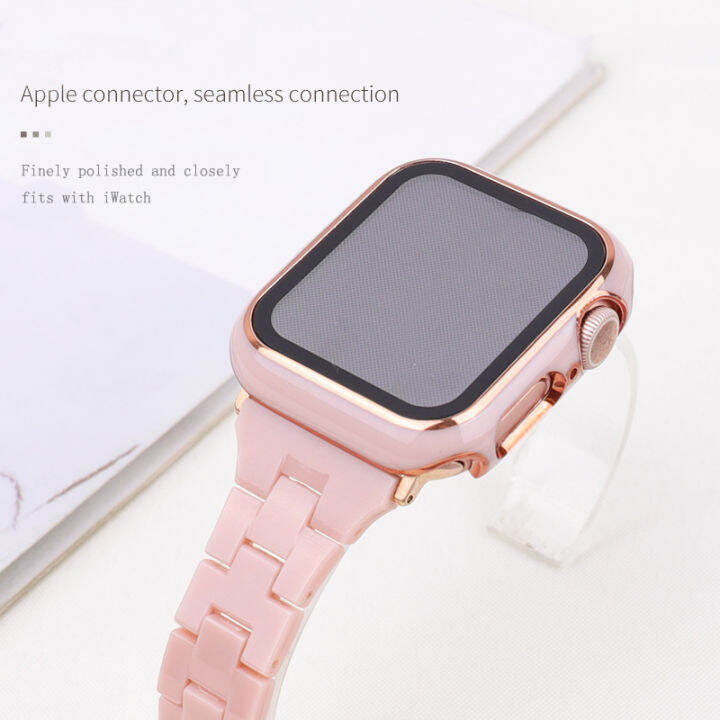 สายเรซิ่น-เคสสำหรับเข้ากันได้กับ-apple-watch-7-6-5-se-สายคล้องคอ-เคสแฟชั่นเอวเล็ก-pc-สีทึบสำหรับ-i-watch-band-45mm-41mm-สายเรซิ่นเทียม