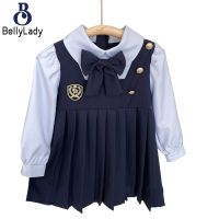 Girls Long Sleeves Dress Bowknot Decoration Fashion Lapel Pleated Skirt For 3-8 Years Old Kids【fast】