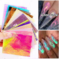 16SheetsSet Aurora Flame Nail Sticker Holographic Colorful Fire Reflections Self-Adhesive Foils DIY Nail Art Decoration Sticker