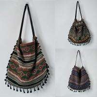 QianXing Shop New Striped Woven Jacquard Canvas Bag Ethnic Style Shoulder Bag Handbag Tassel Cotton Linen Shoulder Bag