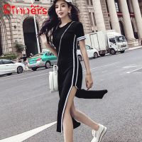 winners Women Short Sleeve High Split Midi Elegant Slim Dress