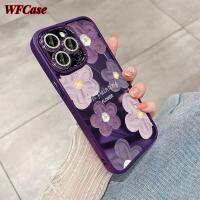 WFCase สำหรับ iPhone 15 14 Pro Max 13 Pro Max 12 Pro Max 11 Pro Max Plus เคสเลนส์โทรศัพท์เพ้นท์ลายดอกไม้สีม่วง (+ ฟิล์มเลนส์) เคสฝาปิดป้องกันแบบติดเพชรสีชมพู