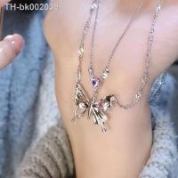 ♚✲☍ Kiss Jewelry 2023 Y2K Butterfly Pendant Necklace for Women Girls Silver Color Crystal Double Chains Clavicle Choker Necklace