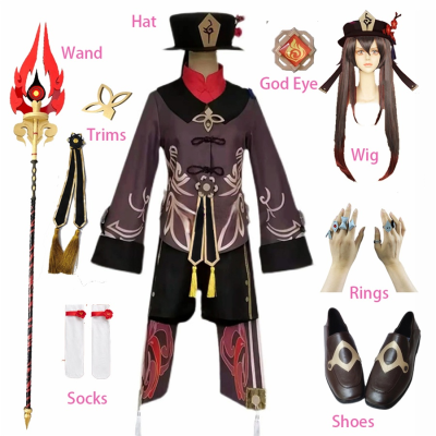 Game Genshin Impact Hu Tao Cosplay Costume Wig Shoes Rings Hat Wand Anime HuTao Outfit Plus Size Halloween Costume For Women Men