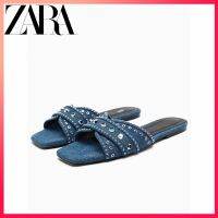 Zara ใหม่ รองเท้าแตะยีน ส้นแบน ประดับหมุด สําหรับผู้หญิง