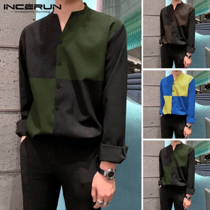 incerun-เสื้อเชิ้ต-แขนยาว-ลายตัดปะ-ทรงหลวม-แฟชั่นสำหรับผู้ชาย