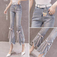 ร้อน, ร้อน★Real Shot European Station Jeans 2023 New Autumn Fashion High Waist Worn Irregular Heavy Craft Beaded Bell-bottom Pants Women