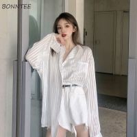 (Baixiang Flower City)   ⊙  Long Sleeve Shirts Women Sun proof Summer Pocket Vintage Basic Design Striped All match Top Elegant College Cool Casual Chic Ins