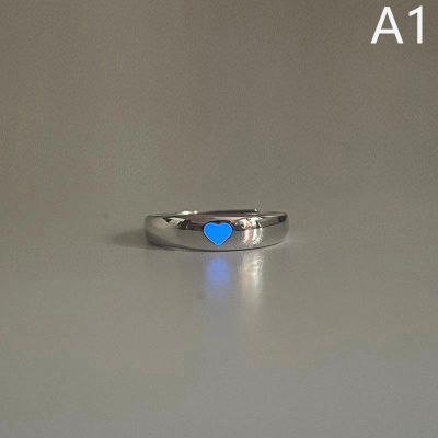ruyifang แหวนหัวใจเรืองแสงแฟชั่นเข้มปรับได้แหวนคู่รักสีเงินสีชมพูสีฟ้าอ่อนเครื่องประดับของขวัญสำหรับคนรัก