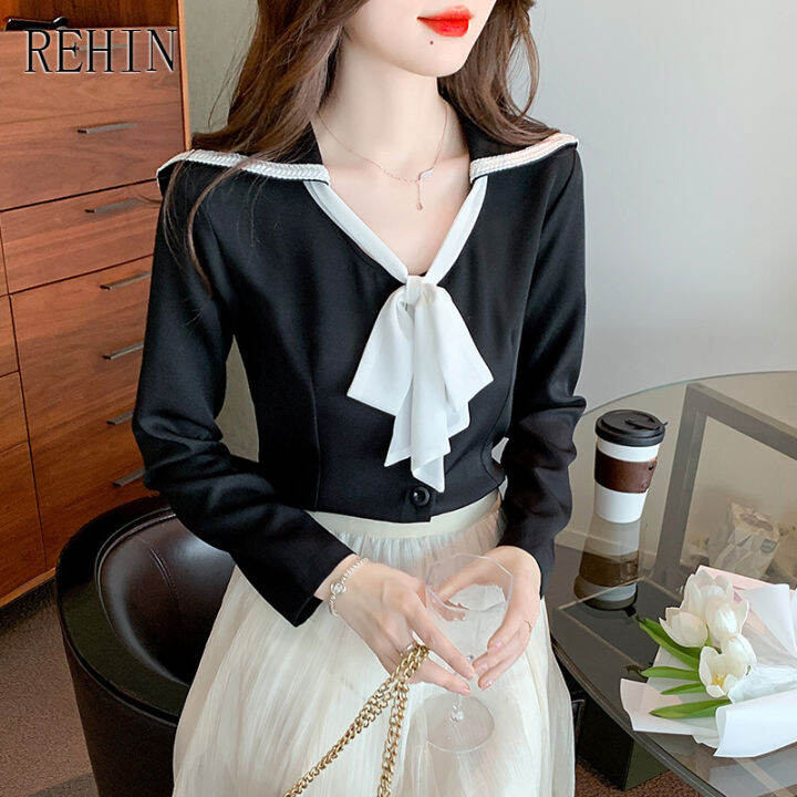 rehin-women-s-top-new-navy-collar-bow-tie-long-sleeve-shirt-elegant-skinny-v-neck-trend-blouse