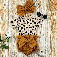 2021 Fashion Newborn Toddler Baby Girls Clothes Sets Leopard Print Short Sleeve Romper Tops Bow Shorts Headband 3pcs Outfit Set  by Hs2023