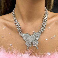 Exaggerated Rhinestone Butterfly Pendant Chain Necklace for MenWomen Hip Hop Chunky Chain Necklaces on Neck Jewelry Collar