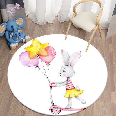 Kawaii Bunny Printed Children Carpet Rabbit Area Rugs Round Carpet for Living Room Floor Mat Flannel Anti-Slip Mat for Children