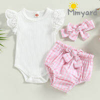 Mmyard ชุด Baju Bayi Perempuan ชุดชั้นนอกของเด็กมีโบว์คาดศีรษะ3ชิ้นชุดรอมเปอร์เสื้อยืดคอกลมสีทึบแขนสั้นเอวยางยืดลายสก๊อต