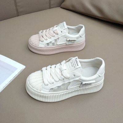 Soft Leather White Shoes for Women 2023 New Shell Toe Casual Platform Lace-up Biscuit Shape Shoes All-Match Lace Board Shoes