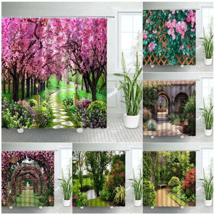 spring-rural-landscape-shower-curtains-set-pink-flowers-tree-forest-natural-floral-green-plant-scenery-with-hooks-bathroom-decor