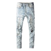 【YD】 Mens Ripped Streetwear Fashion Damaged Holes With Rhinestone Stretch Distressed Destroyed Jeans