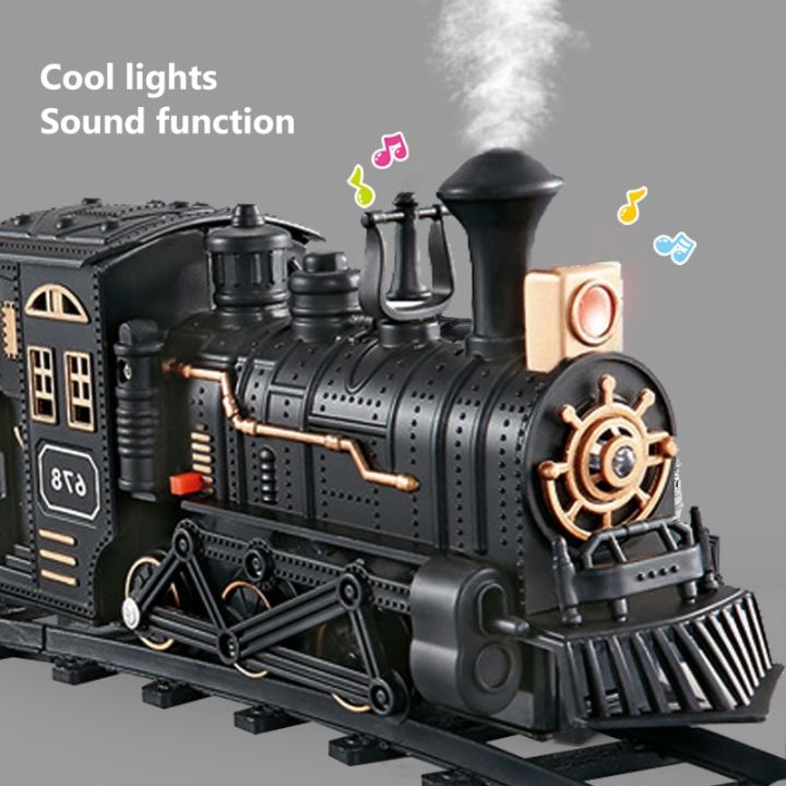 ของเล่นชุดรางรถไฟรถไฟไอน้ำพร้อมเสียงชุดยานพาหนะไฟฟ้าสำหรับเด็กโมเดลของเล่นย้อนยุคเป็นของขวัญ