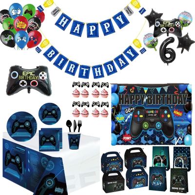 Game On Party Blue Gamepad Disposable Tableware Cups Plates Napkins Banner Balloon Boy Game Birthday Party Decor Supplies