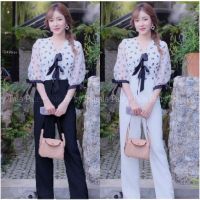 J10491 Jumpsuit จั๊มสูท ขายาว ด้านบนแต่งผูกโบว์ Long jumpsuit with bow tie on top