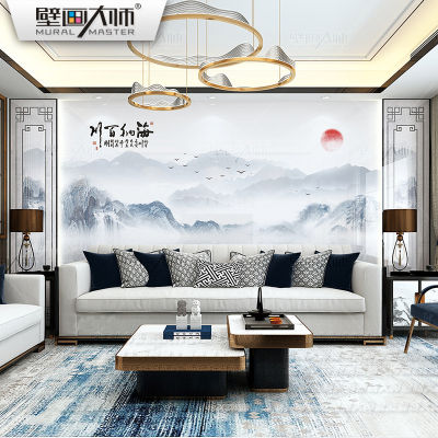 （HOT) วอลล์เปเปอร์ผนังพื้นหลังทีวีบรรยากาศใหม่สไตล์จีนห้องนั่งเล่นภูมิทัศน์ด้วยมือเปล่าภาพจิตรกรรมฝาผนัง Haina Baichuan Wall Cloth Film and evision Wallpaper