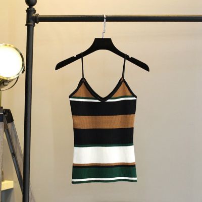 Fashion Summer Knit Printed Sleeveless V-neck Basic Camisole Stripe Tanks Top