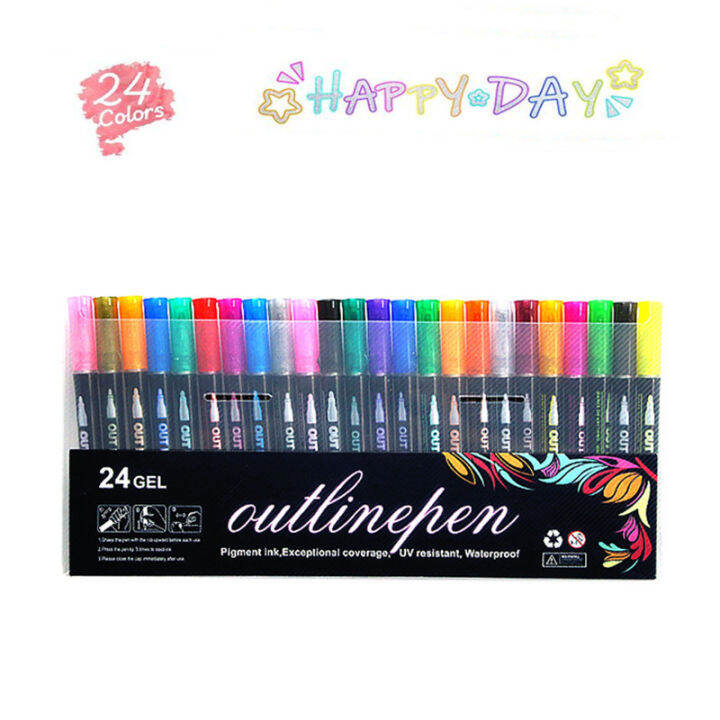 double-line-outline-pen-color-dream-metal-12-24-color-set-fluorescent-pen-greeting-card-pen-childrens-graffiti-painting-brush