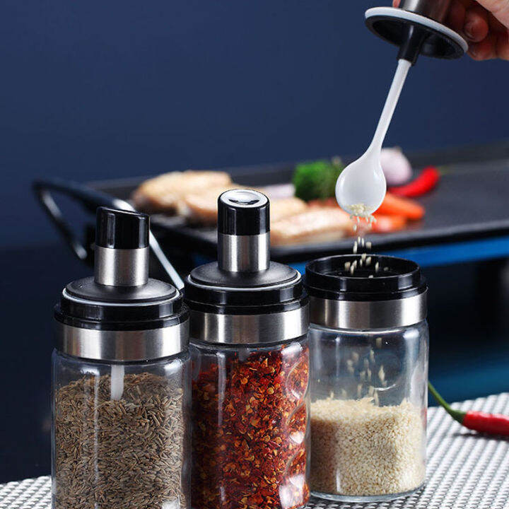 home-glass-seasoning-jar-bring-spoon-kitchen-supplies-transparent-oil-can-with-cover-moisture-proof-salt-sugar-pepper-organizer