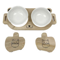 Pet Cat Dog Elevated Ceramic Bowl Dish with Wood Stand Eco Friendly Double Food Water Bowls Raised Anti-Slip Puppy Kitten Feeder