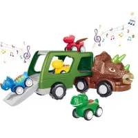 Toy Trucks Dinosaur Toy Cars with Flashing Lights Toddler Dinosaur Trucks Loaded with 4 Mini Cars Playset for 2 3 4 5 6 7 8 Years Old Kids Boys Toddler serviceable