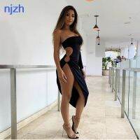 【Ladies shop】 Njzh ผู้หญิงแต่งตัวเปลือยชุดยาวเปลือกชุดด้าน Slit ชุดเซ็กซี่ BlackHollow ออก Dressleeve 2022