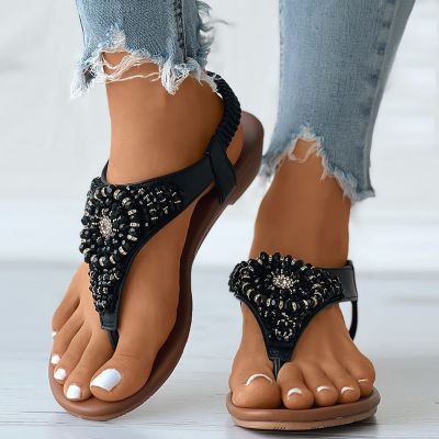 hot【DT】✕  Womens Wedges Shoes Elastic Bcasual Sandals Boho Beach Flip Flops Beaded босоножки женские