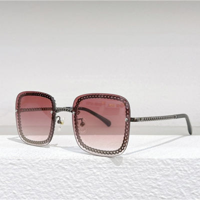 Luxury nd Designer Square Sunglasses for Women High Quality Metal Frame Rimless Shades Gradient Oculos De Sol Fem Chain