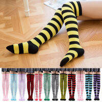 สตรีต้นขาสูงกว่าเข่าถุงเท้าสำหรับสาวๆสีดำสีขาวลายถุงน่องยาวอิดโรย Socken Kawaii ถักอุ่นขา Soks