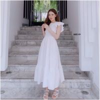 SG221 Dress เดรสคอเหลี่ยมแขนระบาย ผ้าโฟร์เวย์สีขาว ชายเดรสปล่อยสวิง ด้านหลังแต่งผูกโบว์