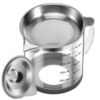 Transparent Glass Oil Filter Pot with Scale Kitchen Oil Separator Home Bacon Grease Container with Fine Mesh Strainer