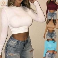 Womens Casual Round Neck Bottoming Long Sleeve Shirt Ladies High Elasticity Pure Color Crop Tops