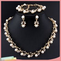 [LK] Elegant Faux Pearl Rhinestone Necklace Earrings Bracelet Bridal Jewelry suit Gift