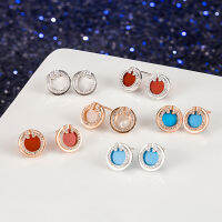 s925 ต่างหูเงินแท้ Seiko White Fritillaria Red Agate Double T ต่างหูเครื่องประดับผู้หญิงที่เข้ากันง่ายมีเอกลักษณ์เฉพาะตัว ~