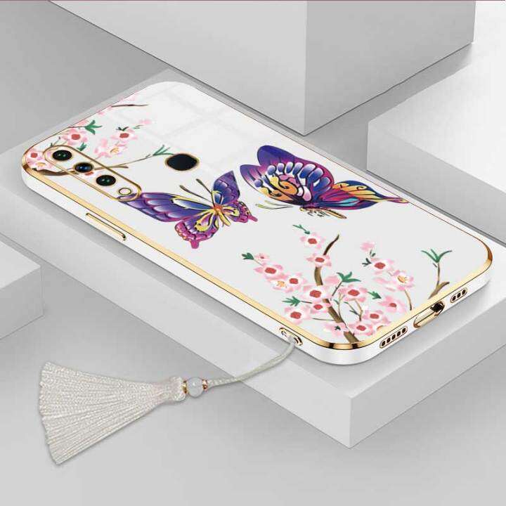 เคสสำหรับ-huawei-y6p-y8p-huawei-หรูหราผีเสื้อสวยงามพร้อมกล้องดอกไม้เคสโทรศัพท์ขอบชุบซิลิโคนฝาฟรีสายคล้อง