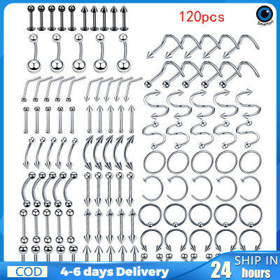 สะดือห่วงสแตนเลสเจาะจมูกและหูชุดเจาะ120ชิ้นเครื่องประดับต่างหูชุดเครื่องประดับสแตนเลส (24รูปแบบ5ชิ้นสำหรับแต่ละประเภท)