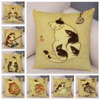 Vintage Japanese Samurai Cat Tattoo Cushion Cover Decor Retro Animal Pillowcase Sofa Home Car Pillowcase