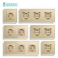 BSEED Single Wall Socket Type-C USB Plug Double Crystal Glass Sockets Triple Eu Socket Four Electrical Outlet Socket 16A Golden