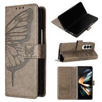 เคสแบบมีขาตั้งสำหรับ Samsung Galaxy Z Fold 4 5G แม่พิมพ์กลมหนัง PU แม่เหล็กพับได้ลายดอกไม้ผีเสื้อคลาสสิกสีทึบ