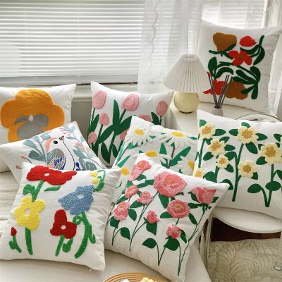 Embroidered Floral Pillow Case Rose Tulip Daisy Flower Cushion Cover For Couch Pillow Home Decoration Living Room 45x45cm Cotton